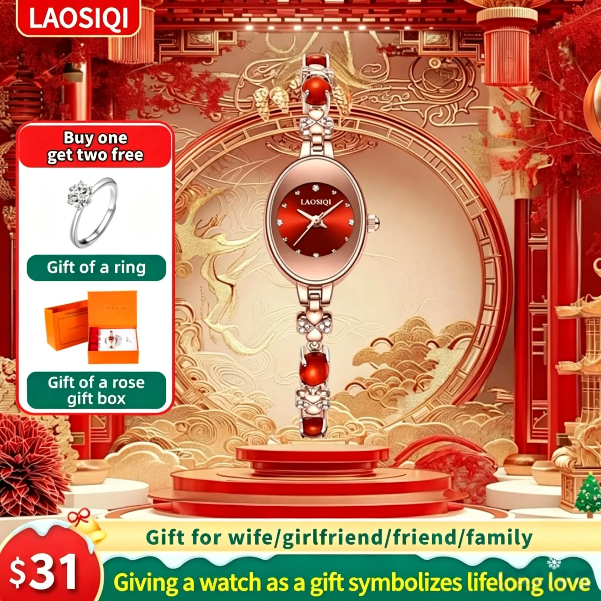 【100% Authentic】Wearing a red watch symbolizes good luck and wealth, making it the perfect gift for mothers and wives; this waterproof, colorfast, and elegant women's watch comes with a moissanite ring and a rose gift box.