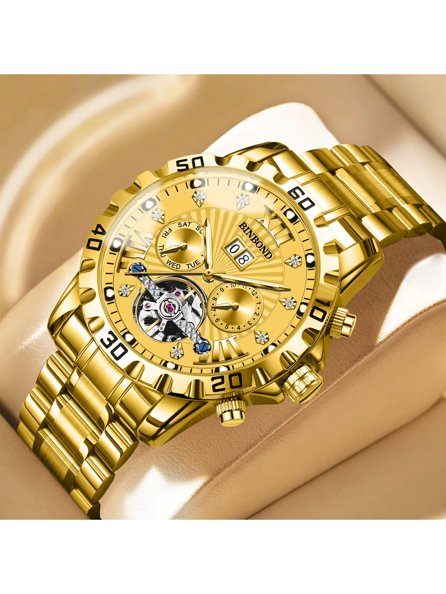 Men's Swiss Elegant Wristwatch, Louiejuelen Commander Series, Luxury Multifunction Business Watch, Sapphire Crystal Glass, Stainless Steel Case, 42mm Dial