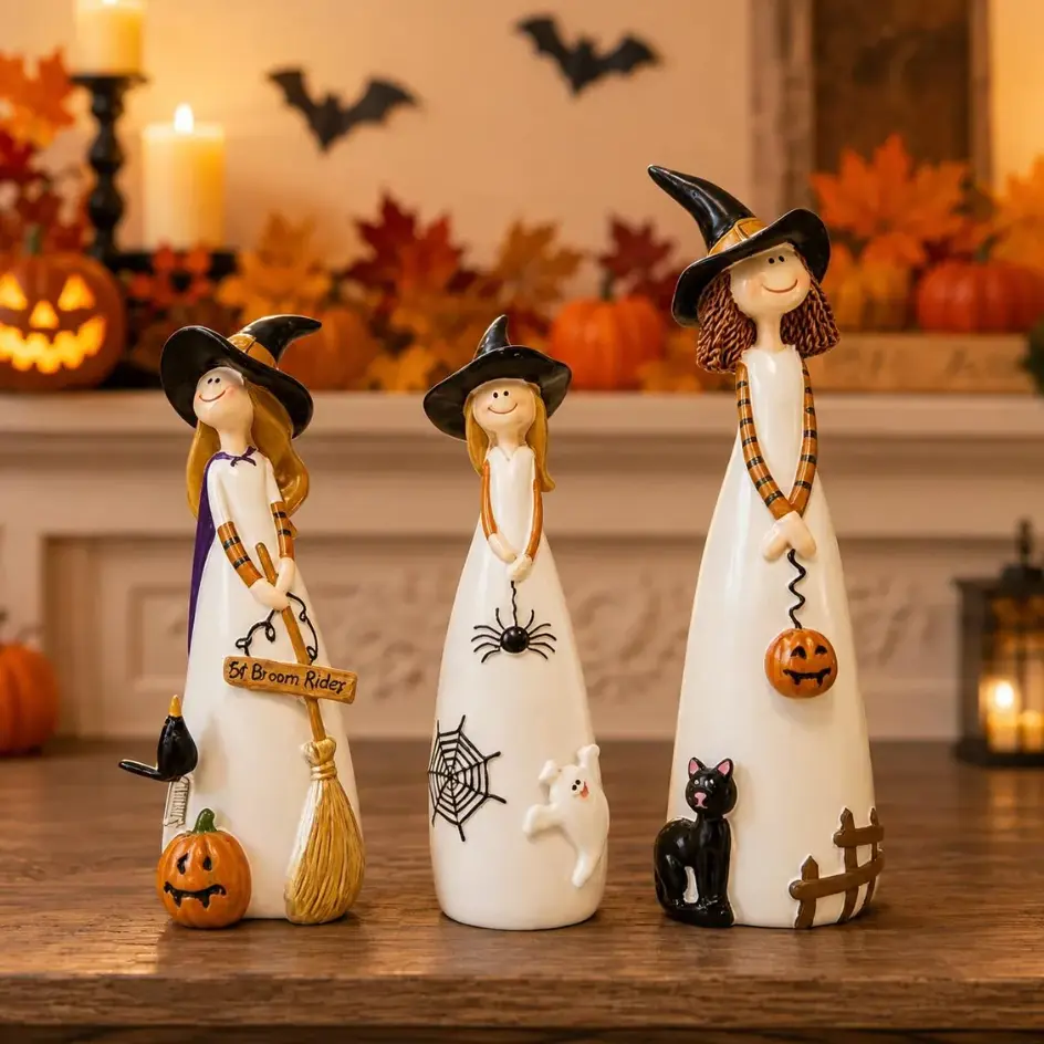 Cute Spooky Halloween Witch Resin Figurines - With Pumpkin, Spider, Black Cat - Indoor Home Tabletop Shelf Decor for Living Room, Bedroom - Halloween Party Supplies, Autumn Holiday Gift for Loved Ones