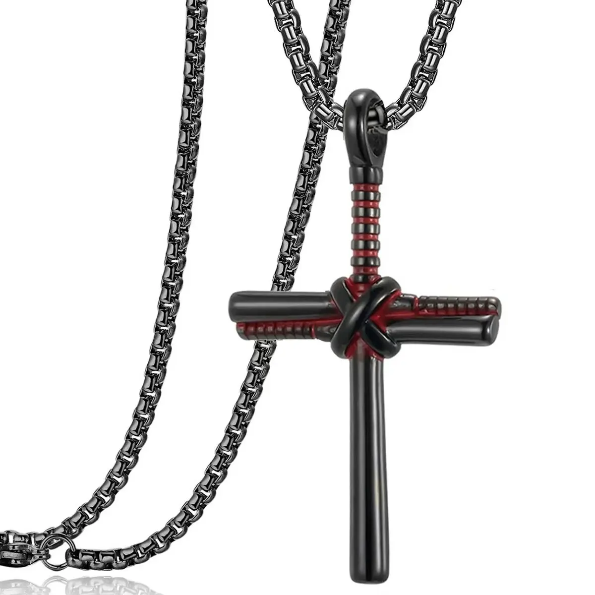 Men's Stainless Steel Baseball Bat Cross Spiritual Pendant Necklace - 22+2in Long Chain Jewelry, 1.1in Pendant, Adjustable Chain, Father’s Day/Birthday Gift for Men