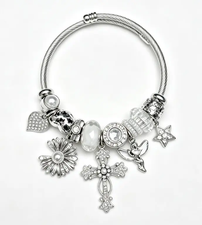 Silver Twisted Cable Open Bangle Bracelet, Rhinestone Cross Angel Daisy Pearl Star Heart Charms Beaded Bracelet, Vintage Elegant Jewelry Gift for Women Teen Girls