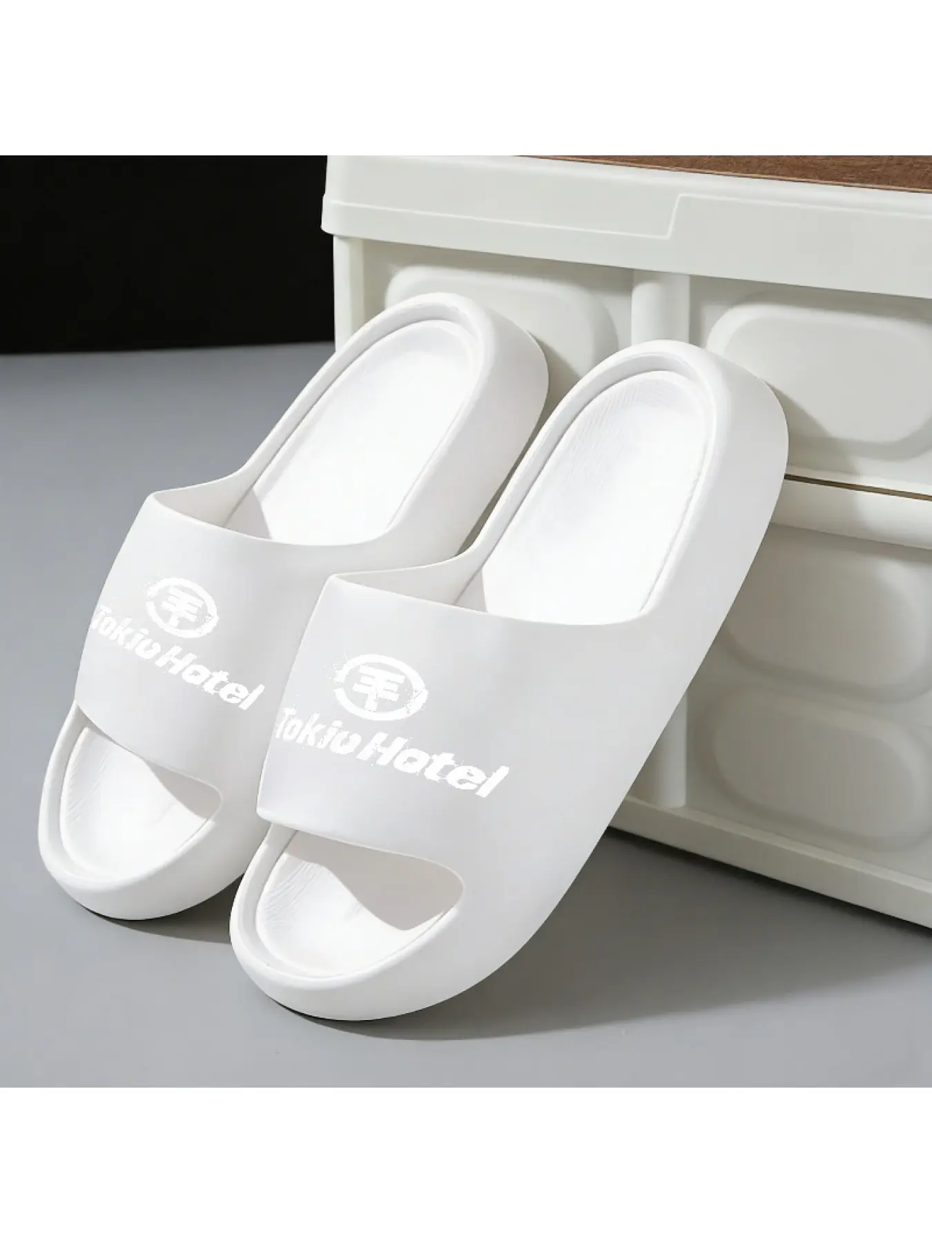A pair of Tokyo Hotel unisex slippers - thick, breathable, soft sole, lightweight and portable, suitable for all-weather/outdoor and beach wear, casual sporty style couple's slippers, featuring the iconic Tokyo Hotel print, Casual Slipper Shoes