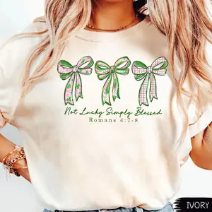 Comfort Colors Coquette Bow Not Lucky Simply Blessed Lucky St Patricks Day Shirt, Preppy Lucky Shamrock Irish Christian St Patricks Day Jesus Graphic Tee