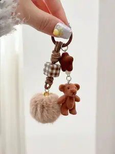 Brown Teddy Bear Bag Charm with Fluffy Pom Pom，Soft Girl Velvet Touch Cozy Cute Keychain&Phonecharm，Handbag Accessory,Winter Gift Idea, Keychain Attachment