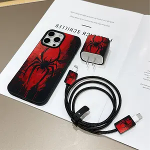 6-Piece Set Liquid Large Hole Spider Pattern Protective Phone Case Charger Head Cover + Cable Protector + Storage Rope + Data Line Protection Cord Organizer