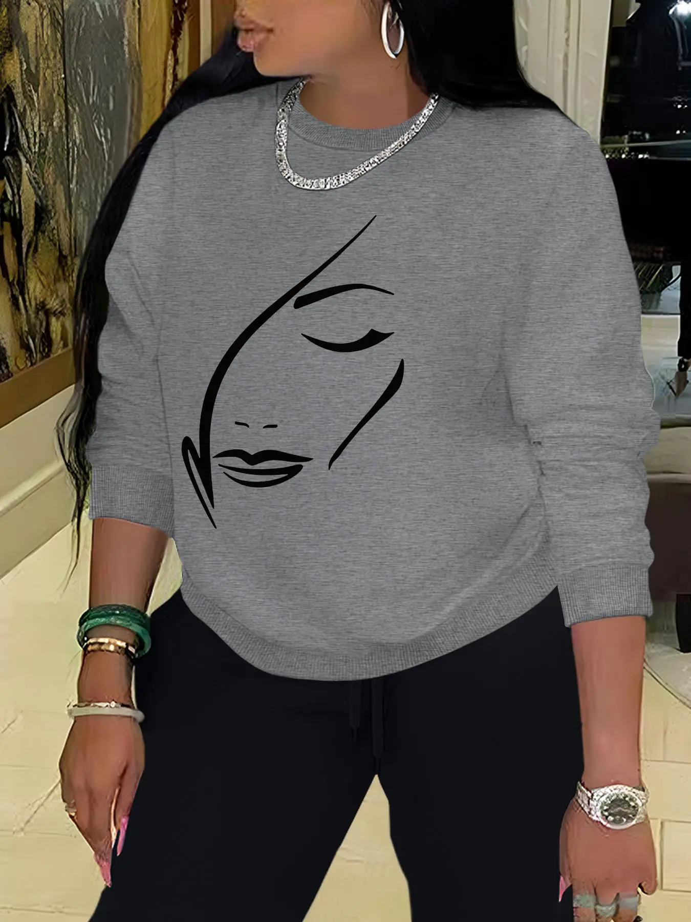 Women's Face Print Crew Neck Sweatshirt, Casual Long Sleeve Round Neck Pullover, Ladies' Fall & Winter Clothes for Daily Wear, Casual Pullover Tops