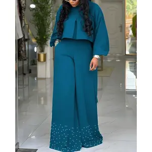 2025 Women's 2-Piece Outfit - Puff Sleeve High-Low Hem Pleated Top & Casual Pearls Decor Wide Leg Pants Set