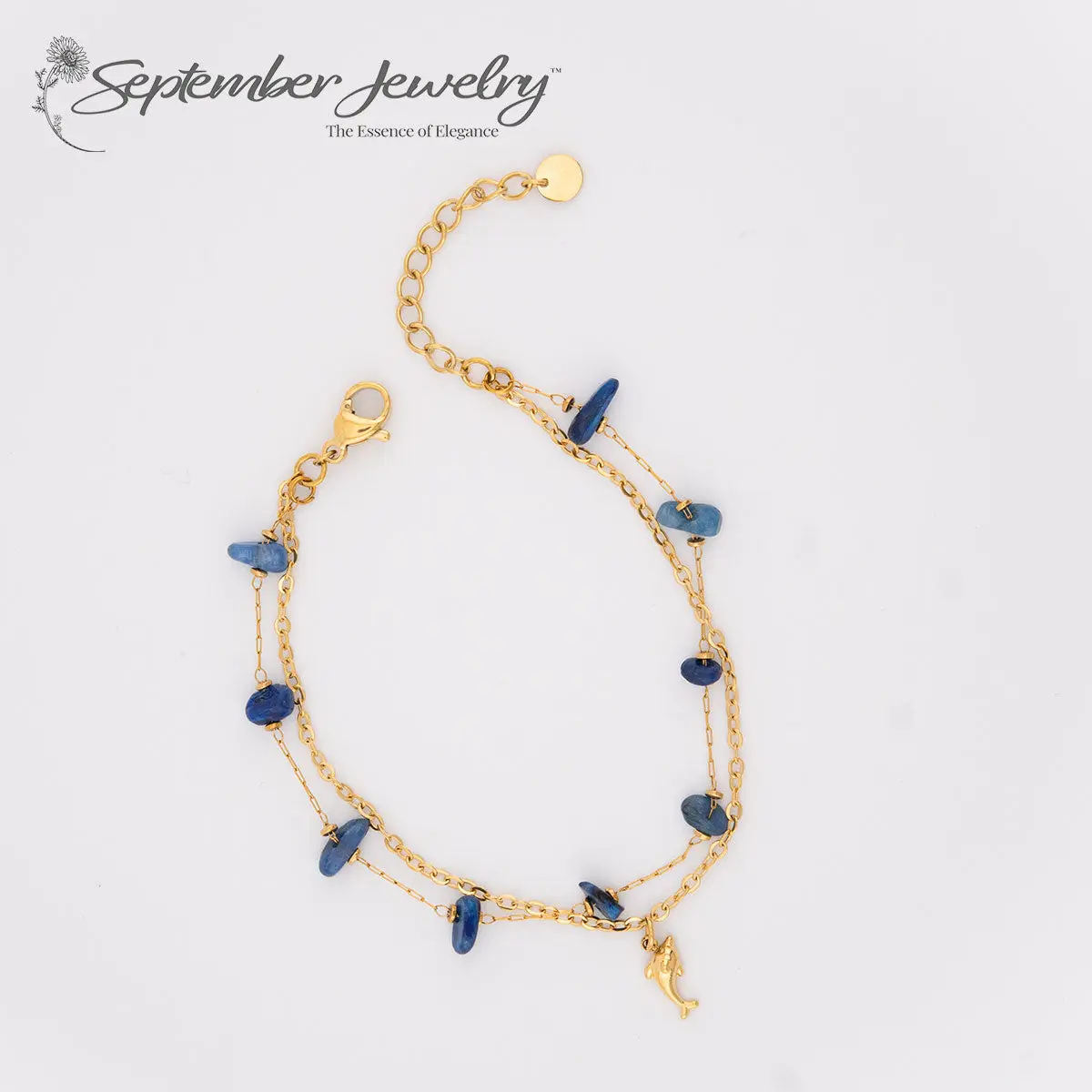 Blue Kyanite Double Chain Bracelet with Pendant – 14K Gold Plated Stainless Steel | 6.5" + 2" Extension