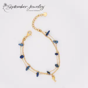 Blue Kyanite Double Chain Bracelet with Pendant – 14K Gold Plated Stainless Steel | 6.5" + 2" Extension