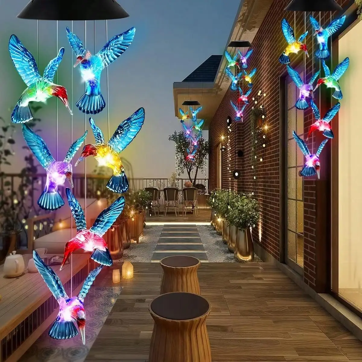 Solar Powered Hummingbird Design Wind Chime Light, Waterproof LED Color Changing Outdoor Hanging Light, Decorative Light for Home Garden Party Wedding