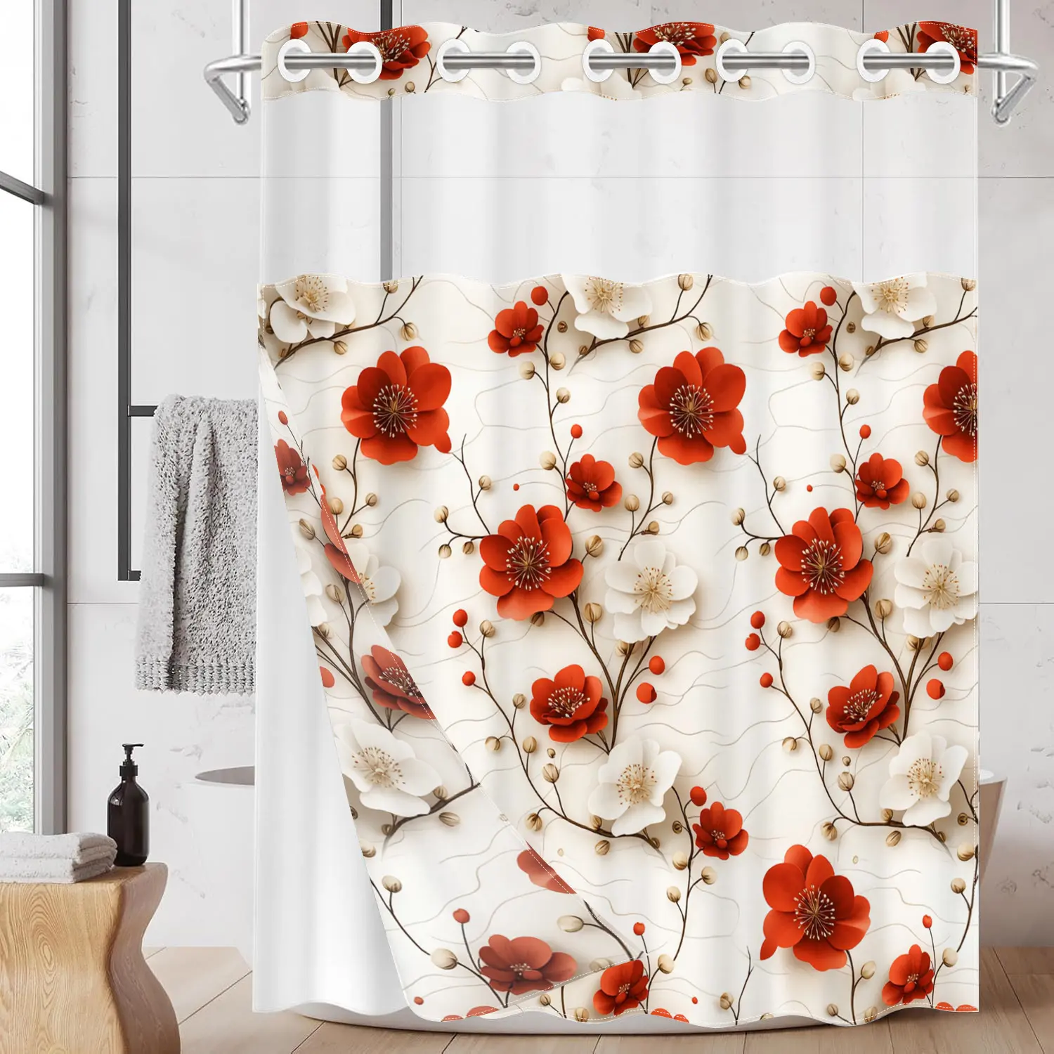1pc hookless, Printed, Pretty Bathroom Shower Curtain, with buckle lining, red and white floral pattern design, 2D flat printing, fabric waterproof lining, double-layer shower curtain, 71 x 74 inches, modern home