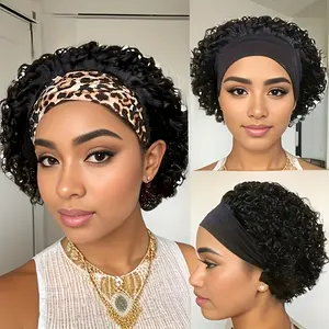 2025 Hot Wholesale Stylish Afro Curly Headband Wig for Women - Brazilian Virgin Human Hair, Short Kinky Curly Bob with Non-Gel Rose Net Cap, Perfect for Daily Wear & Christmas, Elegant Sophisticated Look, 180% Density, Leopard Print Headband Design, Hair