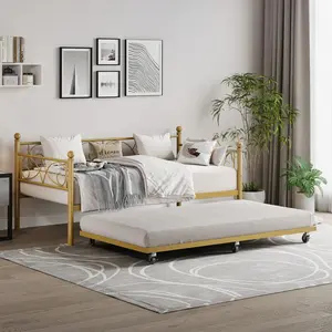 Gaomon Durable Modern Gold Twin Size Metal Daybed with Floral Headboard, Pull-Out Trundle Storage Bed, Steel Slat Support, Tool-Free Assembly, Space-Saving Single Bed for Living Room, Guest Room, No Box Spring Needed