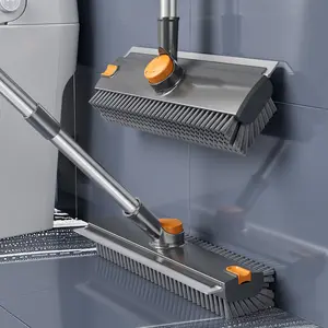 Long Handle Floor Cleaning Brush, 3 in 1 Scrub Brush with Stiff Bristles, Rubber Squeegee and Hair Remover, Adjustable Stainless Steel Pole for Wet Dry Cleaning of Bathroom, Shower, Tile, Grout, Glass, Wood, Laminate and Vinyl Floors,shower scrubber