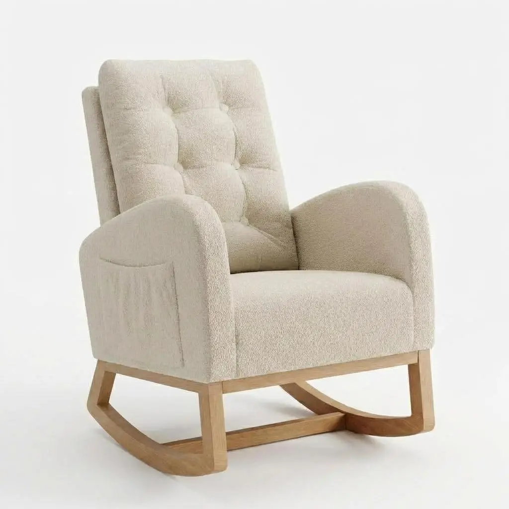 Garvee Modern Upholstered Nursing Rocking Recliner Chair - Cozy Reading Chair with Rounded Arms, Adjustable Footrest, Side Pockets, Sturdy Wood Frame Legs, Teddy Fleece/Linen Upholstery, Multiple Colors for Nursery, Living Room