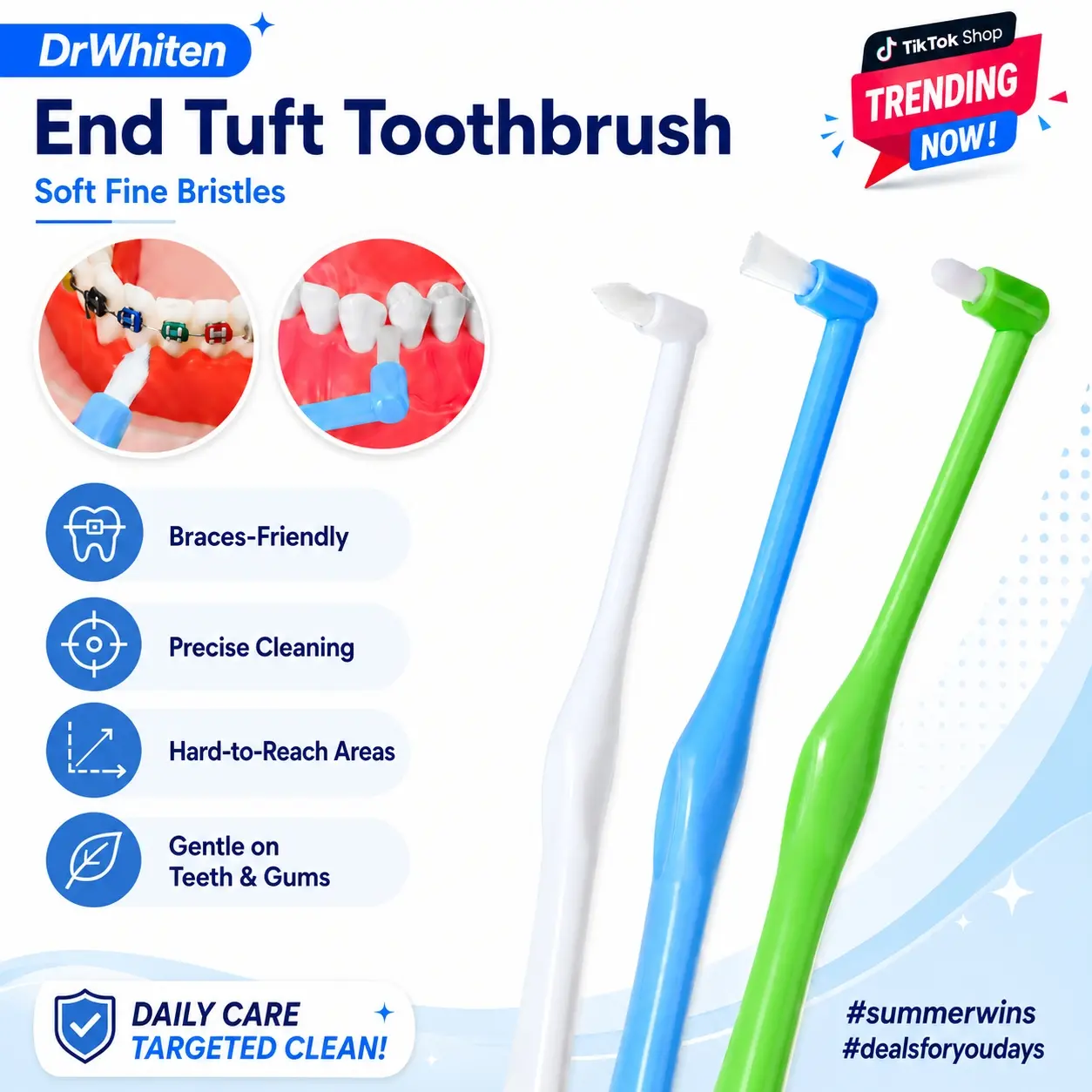 DrWhiten End Tuft Toothbrush with Super Soft Bristles - Precise Oral Care for Hard-to-Reach Areas, Gentle Braces Cleaner & Teeth Whitening for Adults, Super Soft Toothbrush, White Teeth Whitening, Brightening, Gentle On Gums