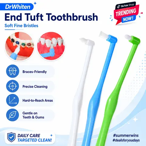 DrWhiten End Tuft Toothbrush with Super Soft Bristles - Precise Oral Care for Hard-to-Reach Areas, Gentle Braces Cleaner & Teeth Whitening for Adults, Super Soft Toothbrush, White Teeth Whitening, Brightening, Gentle On Gums, Cleansing, Gum Health, Teeth