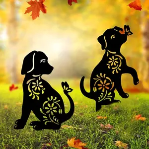 Modern style metal dog garden post, 2 pieces per set - Animal-themed decorative floor-standing garden sign, suitable for weddings and events, no electricity required, no batteries for lawn decoration