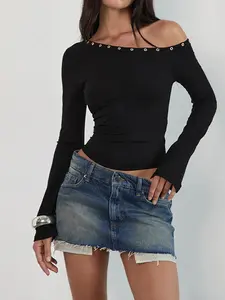 Women's Black Off-Shoulder Long Sleeve Knit Top - Studded Trim Slim Fitted Crop Shirt