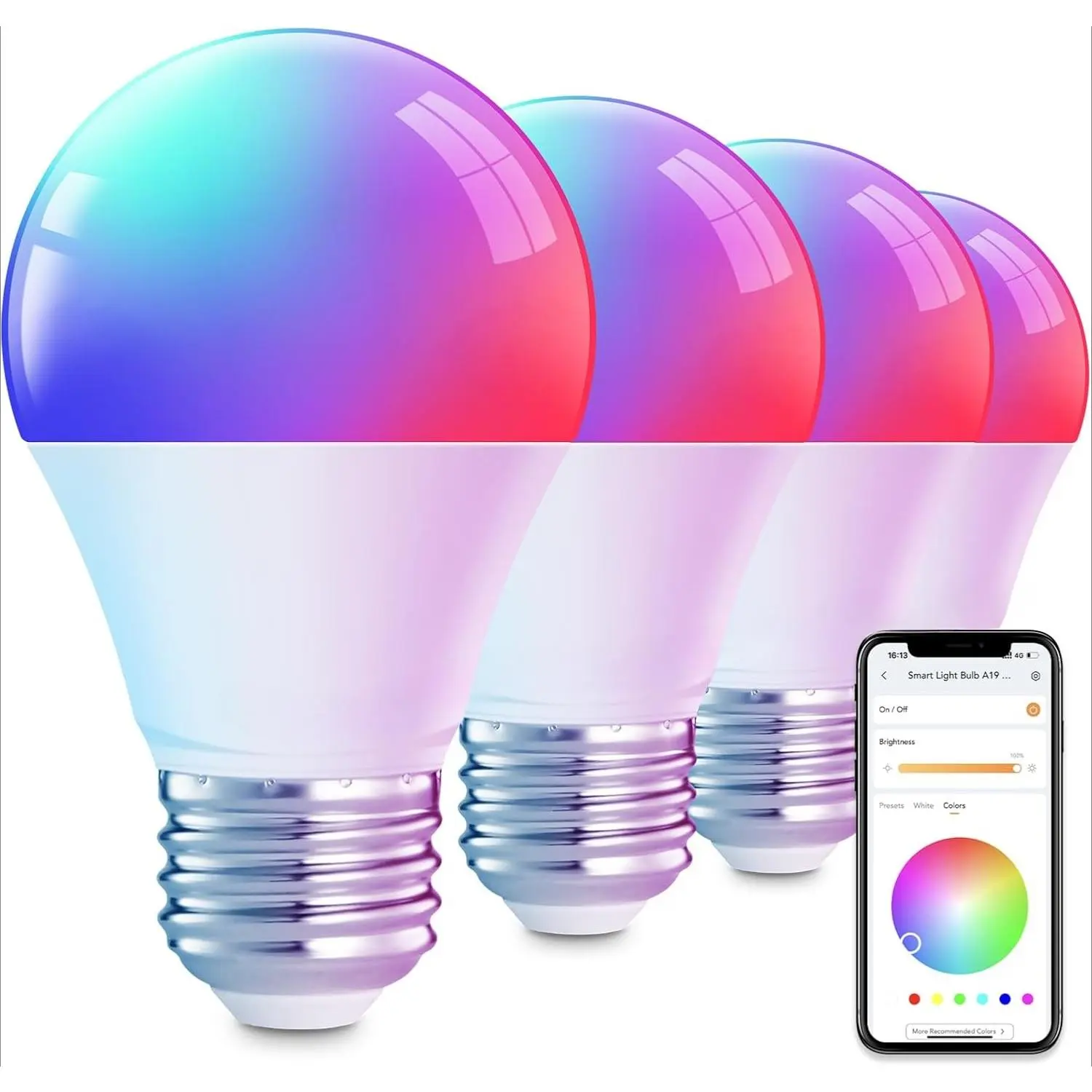 Smart Light Bulbs, Smart Bulb That Work with Alexa & Google Home, LED Light Bulbs Color Changing, 104 Preset Scene, Music Sync, A19 E26 2.4GHz RGBTW WiFi Bluetooth Light Bulb 60W, 800LM, 4Pack