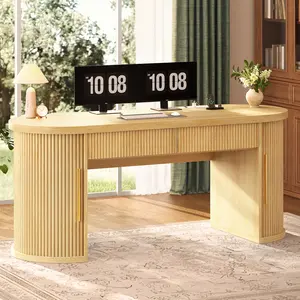 Sedeta Modern Fluted Panel Engineered Wood Office Desk - 58.3x21.7" Long Shape, Sturdy Frame Base, 2 Drawers, 2 Sliding Door Storage, Drawers+Outlets Power Strip for Home Office Executive Use