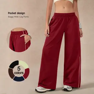 TimeOFF Women's Baggy Wide-Leg Pants – Pocket Design, Elastic Waist & Side Trim for Securely Holding Small Items & Comfortable Relaxed Fit, Ideal for Daily Wear, Casual Outings & Post-Yoga Lounging