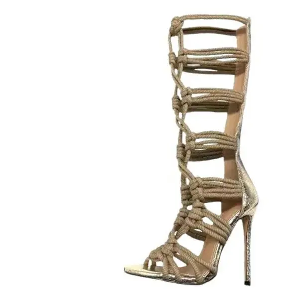 Women's Gladiator Sandals Open Toe Stiletto Heel Knee High Rope Knotted Lace Up Boots