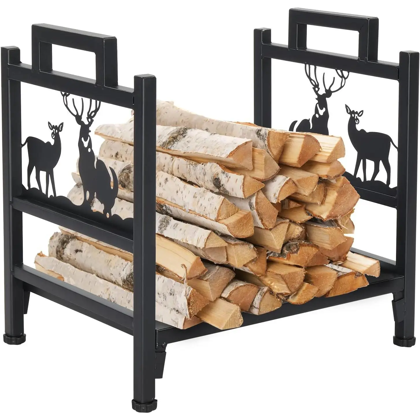 Iron Freestanding Non-Burning Firewood Log Rack, Elk Christmas Elements Black Wood Storage Holder, Organizer for Indoor Outdoor Fireplace Fire Stove Pit, Freestanding Firewood Racks, Non-Burning Firewood Racks