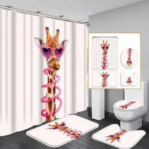 1/3/4PCS Giraffe with Glasses Shower Curtain set, Playful Safari Bathroom Decor, Accessories with Bath Mat, U-shaped Mat,Toilet Lid Cover, 12 Hooks 180x180cm Curtain, Zoo Inspired, Home Decor, bathroom accessories.