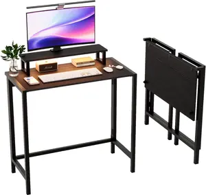 Karlhome 32 Inch Small Computer Desk, Folding Table w/Monitor Stand & LED Lights, Reversible Gaming Desk, Modern Study Desk for Bedroom Home Office, Writing, Black