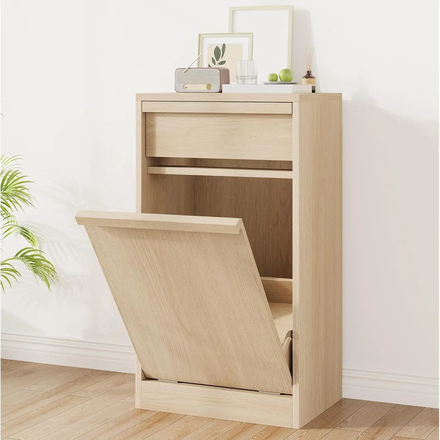 10 Gallon Tilt Out Trash Cabinet,Wooden Kitchen Trash Bin Cabinet with Hideaway Drawer,Pet Proof Hidden Garbage Can Holder,Laundry Hamper Cabinet for Bedroom,Bathroom(Single Cabinet)