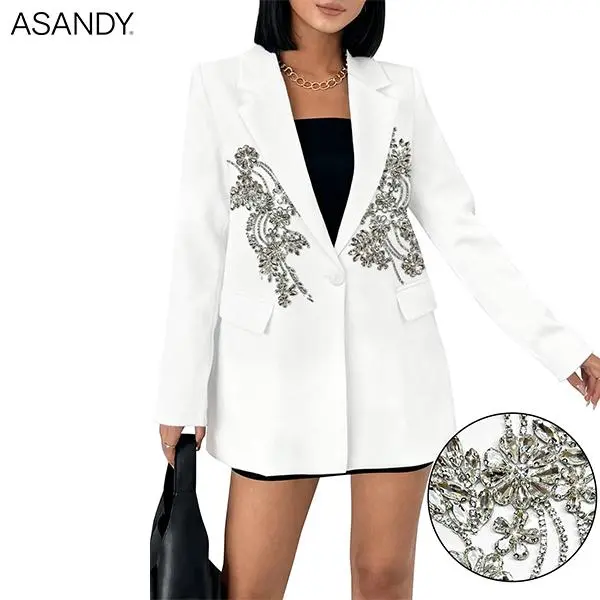ASANDY Women's Elegant Floral Crystal Embroidered Blazer, Oversize Long Sleeve Single Button Formal Top for Lady's Evening Dress, Wedding, Full Sleeves, Hand Embellished Crystal Women's Casual Jackets, Ornate Embellished Women's Casual Jackets, Embroidere