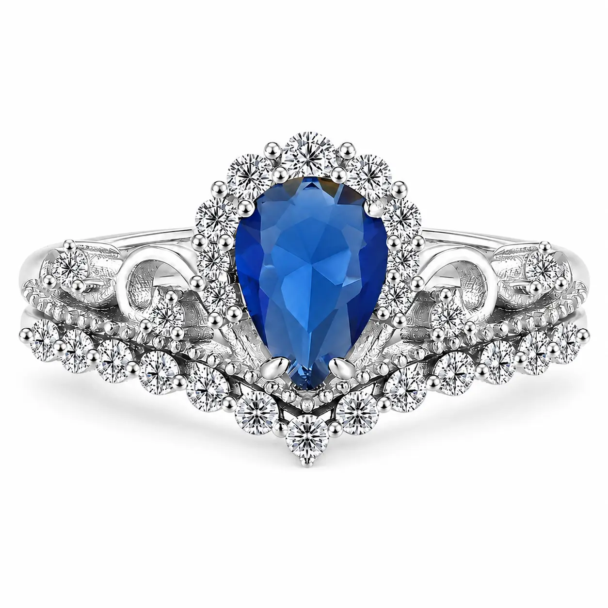 Elegant Blue Gemstone Ring for Women, Dazzling Pear Cut Center Stone, Sparkling Halo Accent, Crown-Inspired Engagement Ring wedding ring