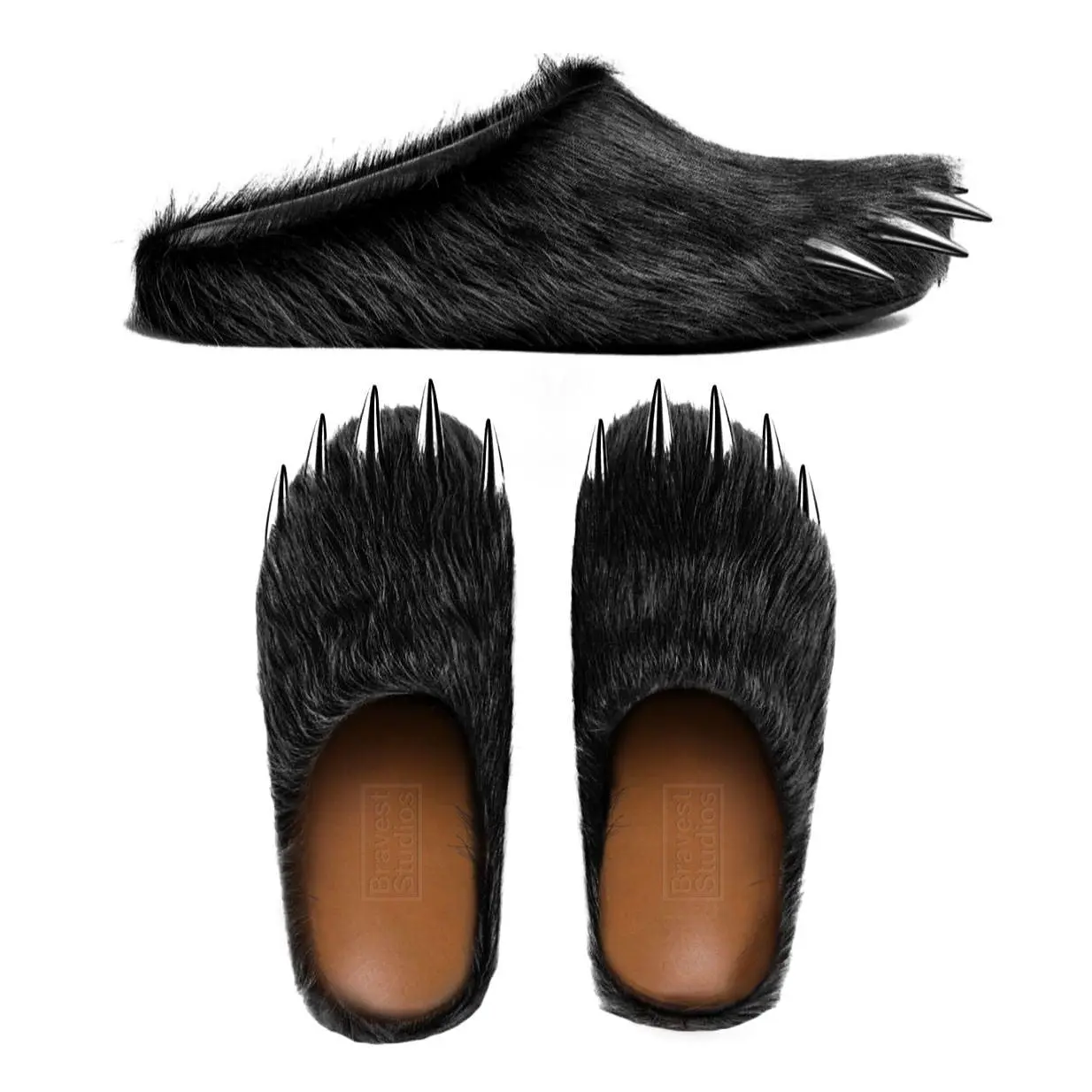 Unisex Novelty Closed-Toe Mule Slides - Black Long Faux-Fur Upper, Sharp Spike Claw Decor, Slip-On Casual Shoes for Party Costume, Daily Wear