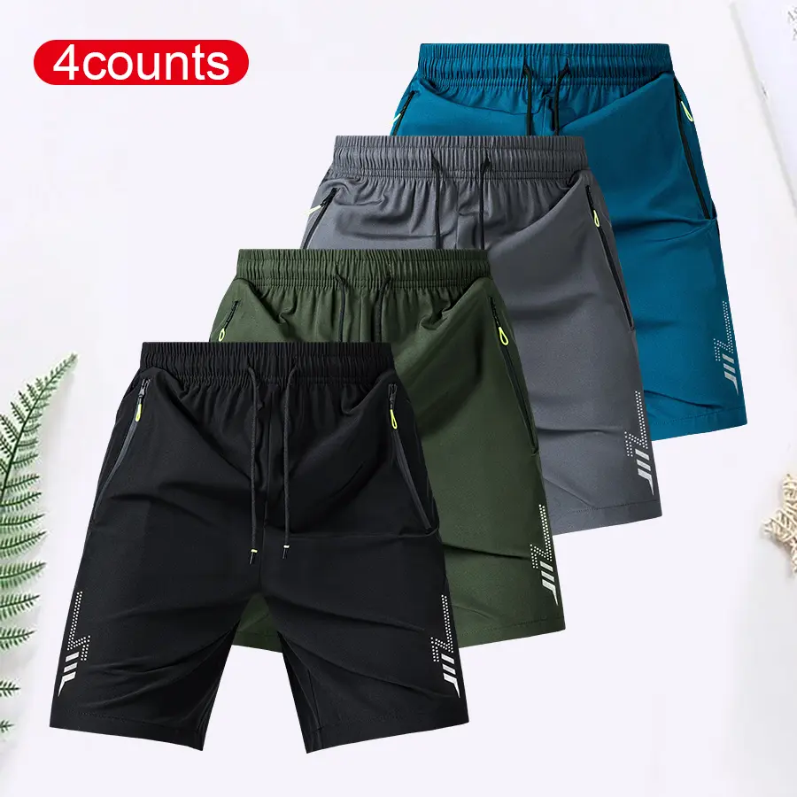 4 pieces - Men's lightweight casual shorts - Elastic waistband, two side zippered pockets, breathable fabric, suitable for basketball, running, beach and outdoor activities - Casual sports shorts #SummerVibes