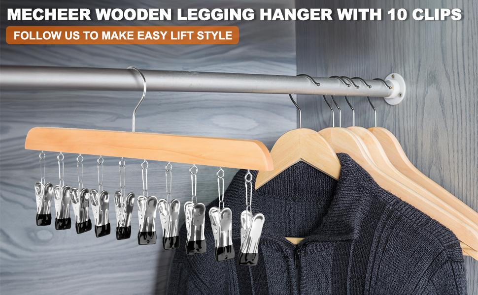 Legging Hanger for Closet Organizer with 10 Clips ,2 Pack Wooden Yoga Pants Hanger Holds 20 Leggings, Space Saving Hanging Closet Organizer w/Rubber Coated Closet Organizers and Storage,Clothes Hanger with Clips for Bra,Belt,Sock,Hat Hanging Organization