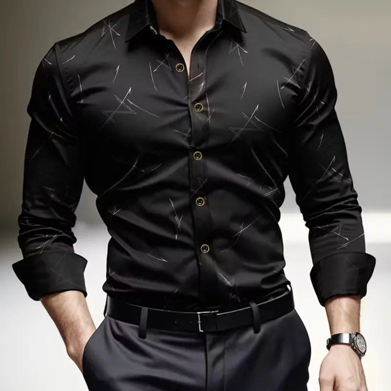 Men's Long Sleeve Printed Geometric Collared Shirt, Slim-Fit Button Design, Casual Classic Fashionable Comfortable Top Cs3645, Daily Wear, Menswear, Casual Fashion Fitted