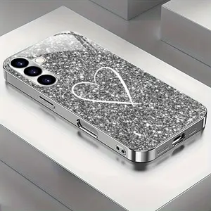 Tempered Glass Smartphone Casing for Galaxy S20-S25 Plus - Simple Glitter Heart Design, Electroplated Silver Finish, High-End Fashion Cover for Couples with Cellphone Protection