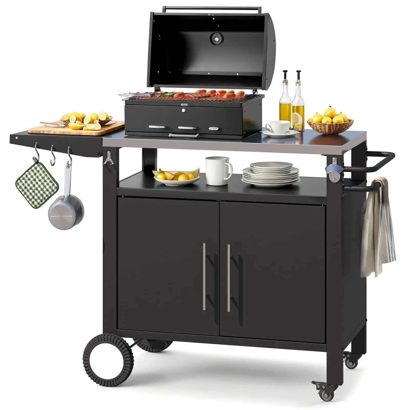 AECOJOY Outdoor Grill Cart Kitchen Storage Cabinets Island with Wheels Kitchen Prep Tables for Outside for Patio Serving Tables Cooking Station Countertops for Grilling Supplies Adjustable Dish Drying Organiser Racks