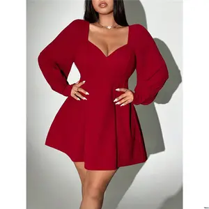 New For Sleeve Neck Color Elegant Plus Viva Relle Size Solid Sweetheart Lantern Dress Autumn Year