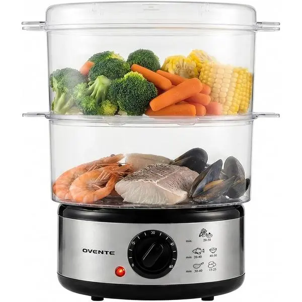 OVENTE Stackable 2-Tier Electric Food Steamer - 5 Qt Stainless Steel Silver FS62S, 400W Power, 60-Minute Timer Control, Auto Shut-Off, Compact Nesting, Dishwasher Safe for Steam Cooking Vegetables, Seafood
