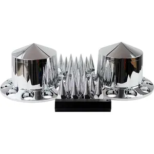 Chrome ABS Complete Axle Cover Set with Hub Caps and 33mm Screw-On Spiked Lug Nut Covers for Semi Trucks (2 Rear)