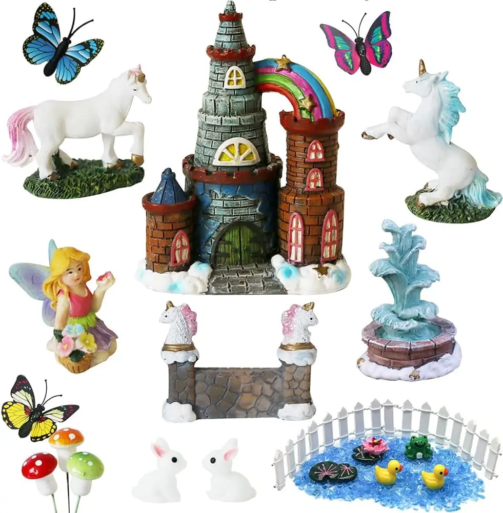 BangBangDa 23-Piece Durable Fairy Magic World Micro-Scale Hand-Painted Resin Unicorn Figurines Set - Gift Box, 3 Butterflies, 3 Stickers, Castle Fountain, Doll Ornaments, Terrarium Decor, Collectibles, Party Centerpieces, Girl Birthday Gifts