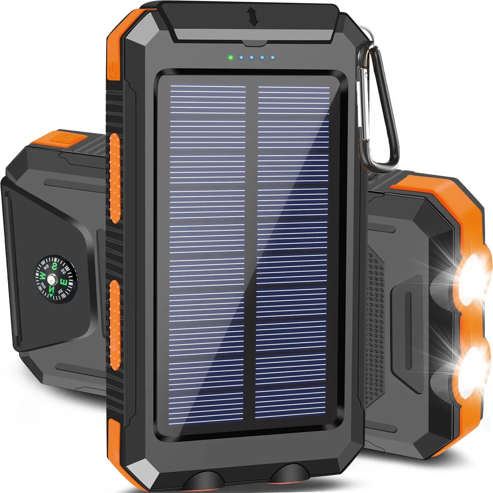 20000mAh Portable Solar Charger Power Bank with LED Flashlight - Dual USB-A Output, Waterproof Outdoor Design with Compass & Carabiner for Phone Andro