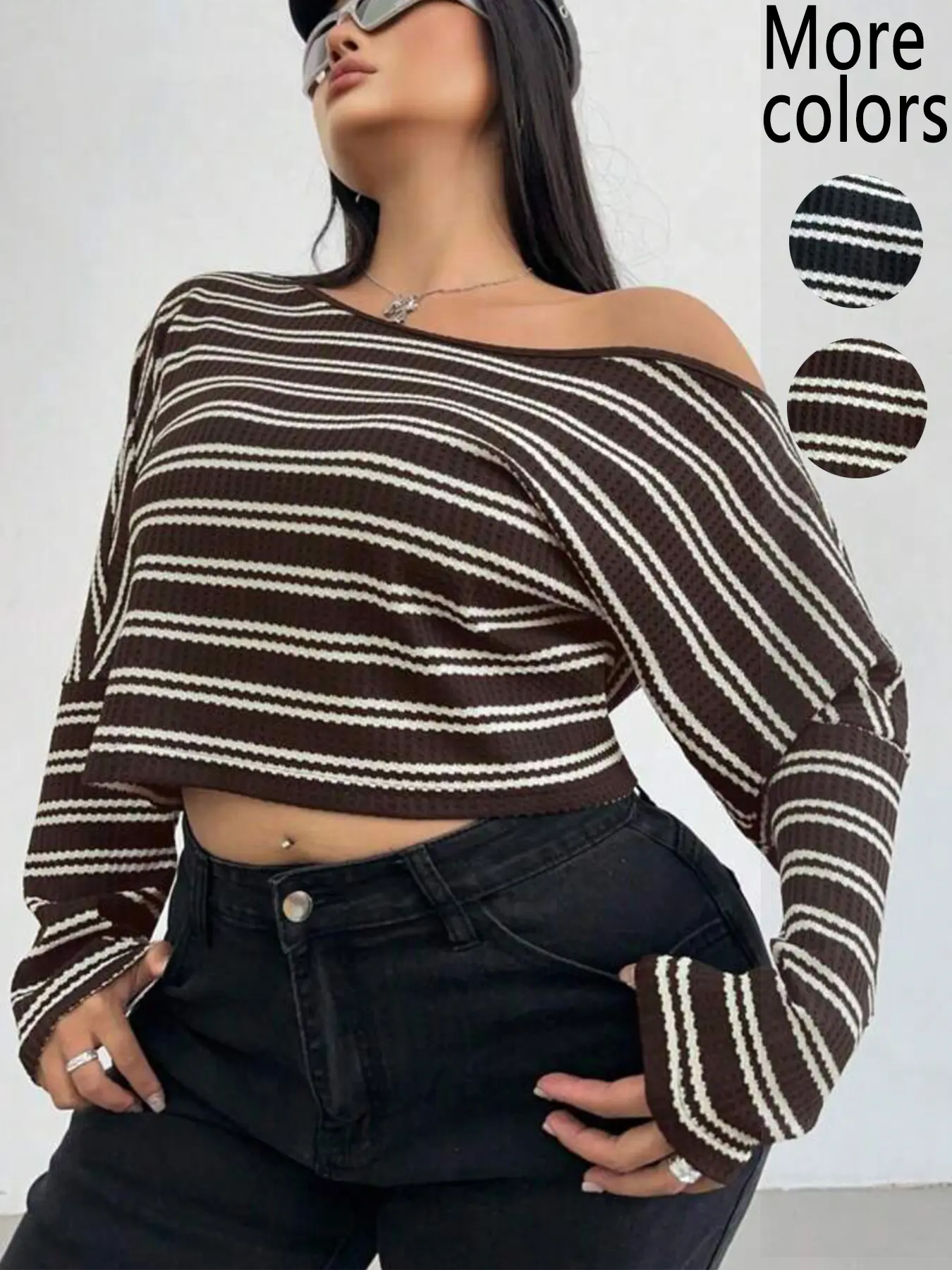 Plus Size 1 Piece Women's Black & White Striped Off-Shoulder Crop Top, Knitwear, Y2K Street Style, Ribbed Knit Fabric & Relaxed Fit, Long Sleeve Design, For Curvy Fashion Enthusiasts, Ideal for Streetwear, Casual Hangouts & TikTok Trendy Outfits