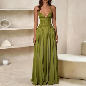 Summer Women’s SleevelessWomen's Elegant Sleeveless Halter Sports Dress  Maxi Dress -Ruched Waist, Pleated Skirt, Sexy O-Neck Party & Summer Evening Dress, Bridesmaid & Vacation Outfit