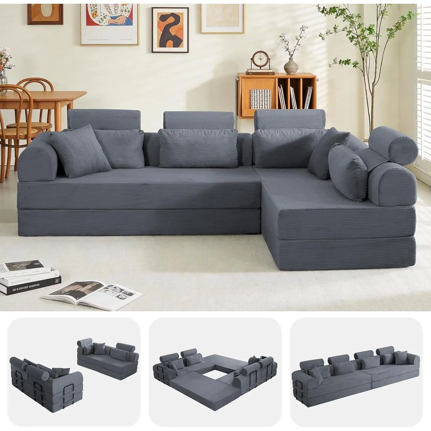 106” Cloud Sectional Couch, L-Shaped Sofa with Right Facing Chaise, Corduroy Boneless Couches, Compressed Modular Sectional Sofa with Deep Seat, High Backrest Headrest (Dark Gray),dorm essentials,home decor