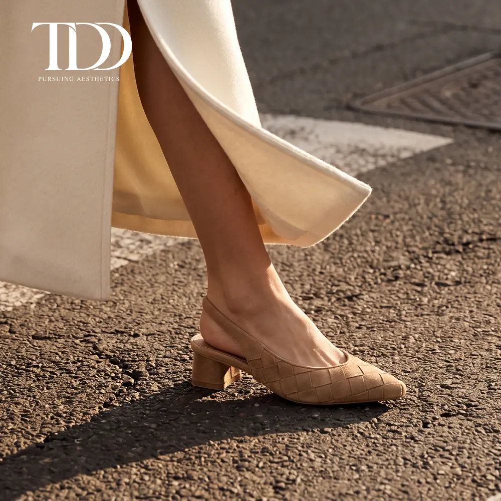 Women's 2-in TDD Braid Woven Suede Slingback Heels - Closed Toe, Pointed, Chunky Block Heel, Wide Width, Comfortable Summer Footwear, Casual Work Shoe Pumps, Tan, All Seasons