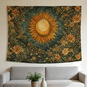Vintage Sun and Floral Tapestry -Bohemian Wall Hanging for Home Decor, Dark Green Rustic Art, Perfect for Bedroom, Living Room, or Dorm, Artistic and Mystical Aesthetic.