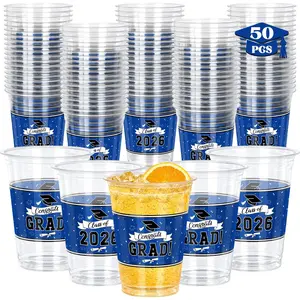 50 PCS Graduation Cups, 14 OZ Blue Grad Decorations, Disposable Plastic Cup Bulk for Class of 2026 Congrats Grad, Grad Party Supplies Favors Tableware for Hot Cold Drinks High School College